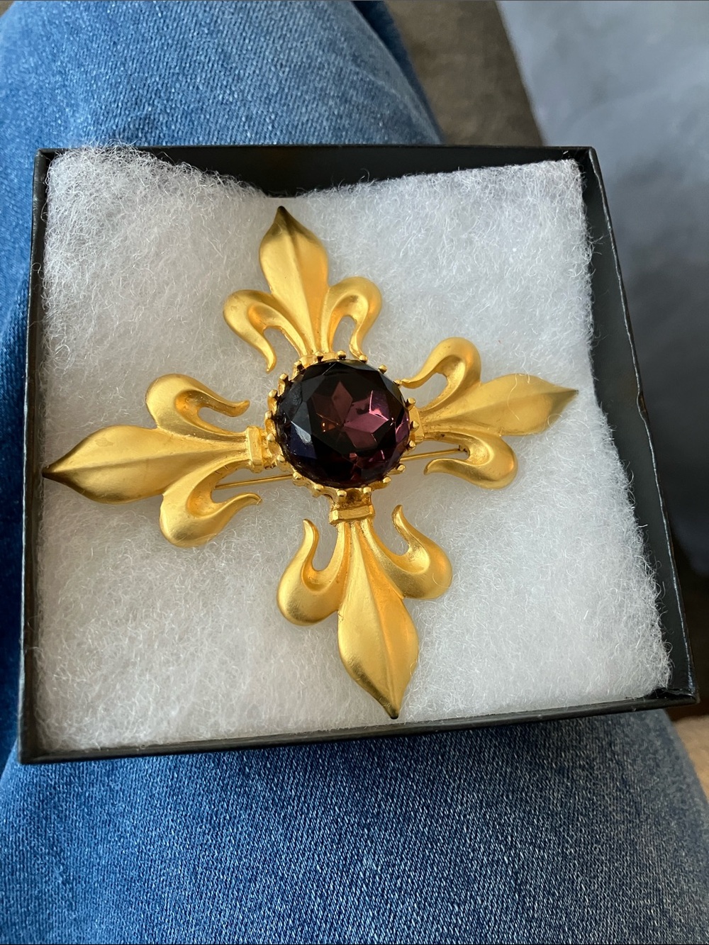 Gold-Tone Fleur-de-Lis Brooch with Deep Purple Center Glass Stone